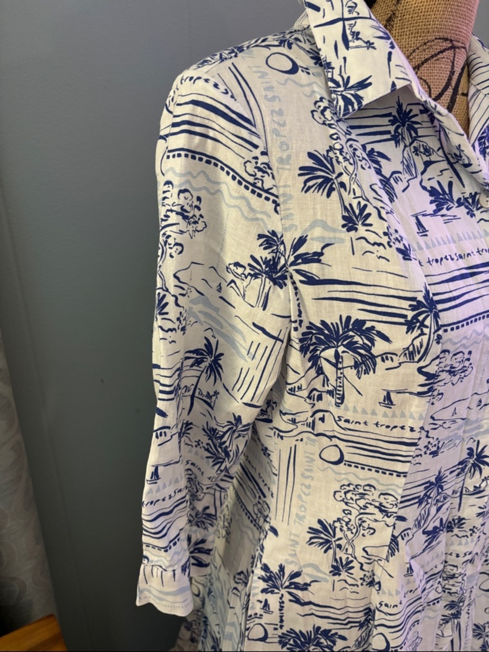 Calypso St. Barth Saint Tropez Tropical Coastal Toile Linen Blend Shirt Dress - Picture 5 of 14